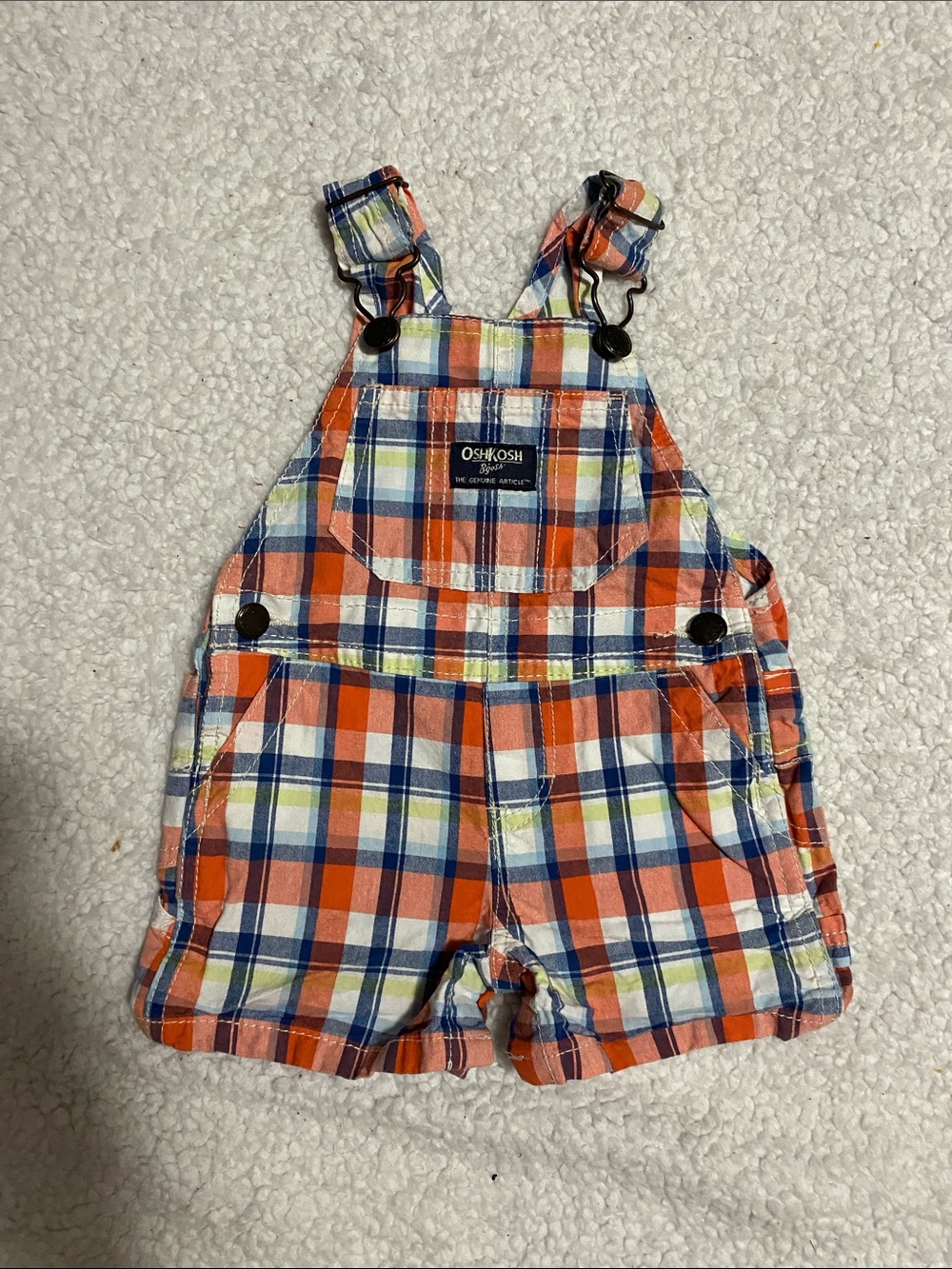 OshKosh B'gosh Orange, Blue & White Plaid Shortall Overalls boys size 6mo